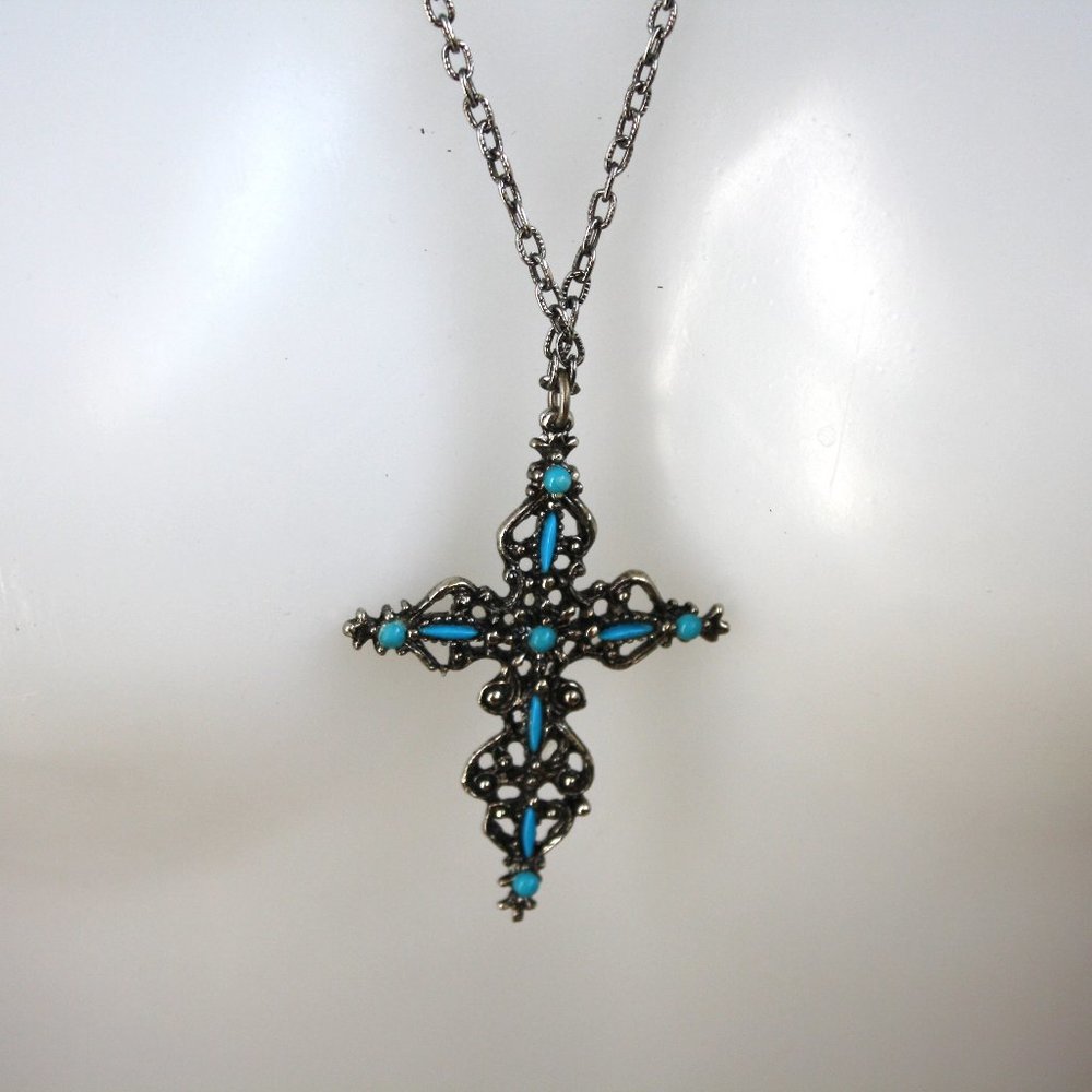 Ornate Filigree Cross Necklace Faux Turquoise Large pendant